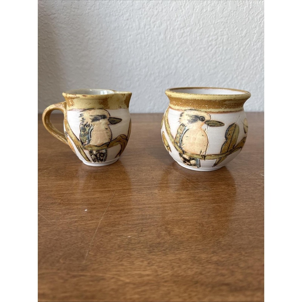 Vintage Studio Pottery Kookaburra Bird Creamer and Sugar Bowl Set Australian Art